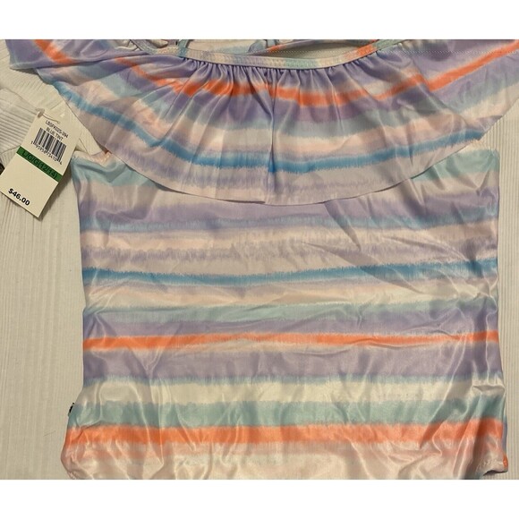 LUCKY BRAND Sz L (12/14) Big GIRLS Swimsuit 1 PC RUFFLE Striped Off Shoulder NEW - Picture 7 of 8